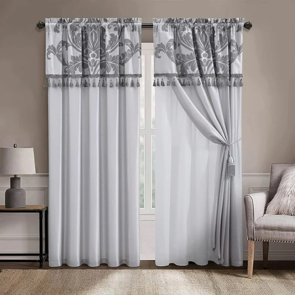4-Piece Jacquard Floral Window Curtain Set, Silver/Gray